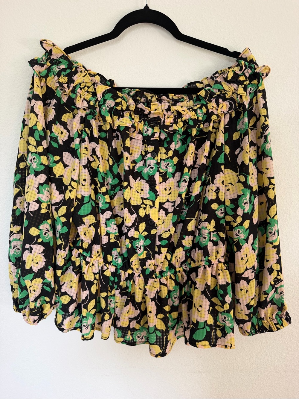 Who What Wear Black Off-Shoulder Floral Blouse with Yellow & Green Print